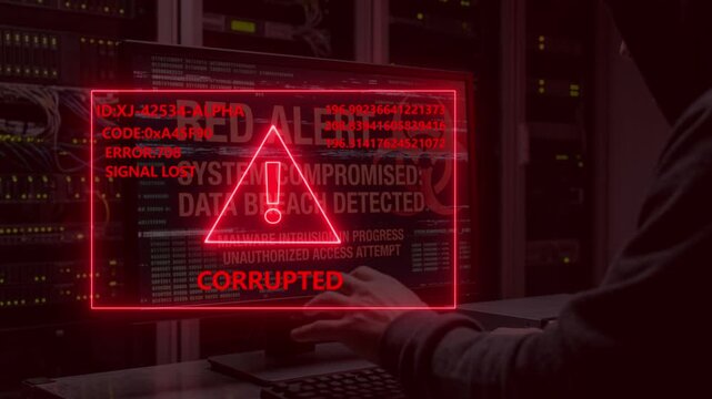 Hacker performing cyber attack with red alert notification on computer screen in dark server room