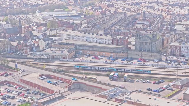 Scarborough Railway Station Westborough Scarborough North Yorkshire Yorkshire and the Humber England United Kingdom with York line platforms and bus interchange, aerial drone shot