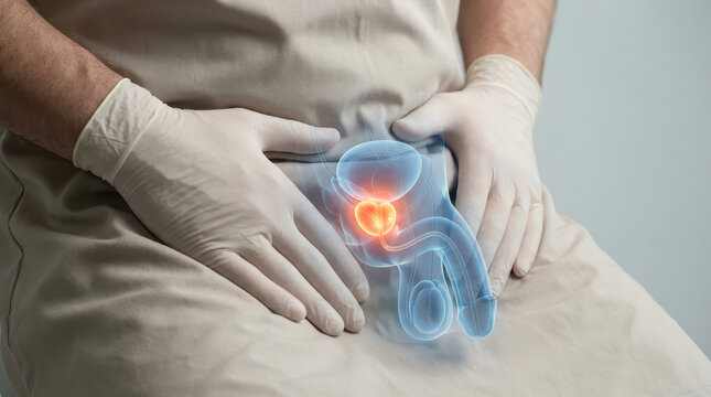 Male pelvic pain prostate inflammation urology men health anatomy medical concept, gloved patient holding groin with highlighted prostate area suggesting urinary discomfort and clinical diagnosis