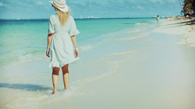 Walking On White Sand Beach At Tropical Coastline. Relaxing Summer Vacation On Exotic Resort