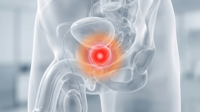 Male pelvic pain prostate inflammation urology men health anatomy medical concept with transparent body showing urinary system and red highlighted prostate region suggesting discomfort