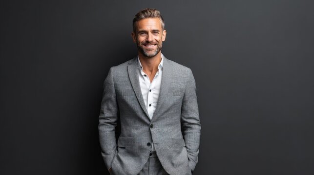 handsome businessman in a gray suit smiles at the camera against a dark background