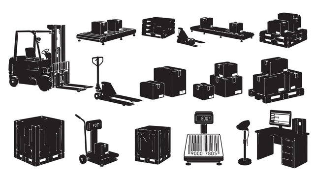 Industrial warehouse equipment silhouettes, logistics and shipping icons set, forklift and pallet jack vector illustrations, delivery boxes and scales
