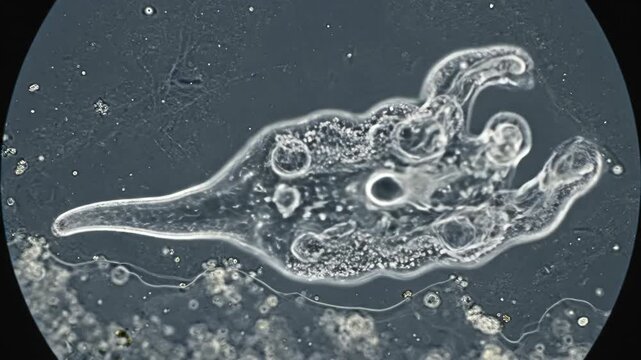 A microscopic view of a protozoan organism with a long tail and several visible vacuoles