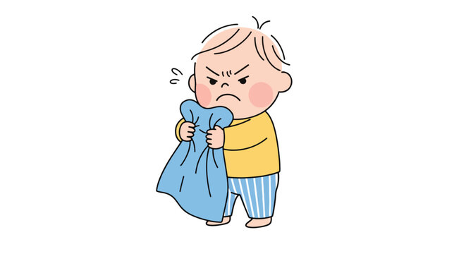 cartoon boy holding a blue bag.