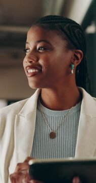 Smile, business and black woman with tablet in office for research, email client and real estate. Realtor, female person and tech with schedule for property price, online inquiry and resale listing