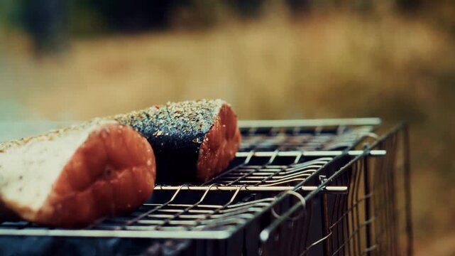 Fresh Fish Steaks Grilling Outdoors. Cooking Seafood During Picnic