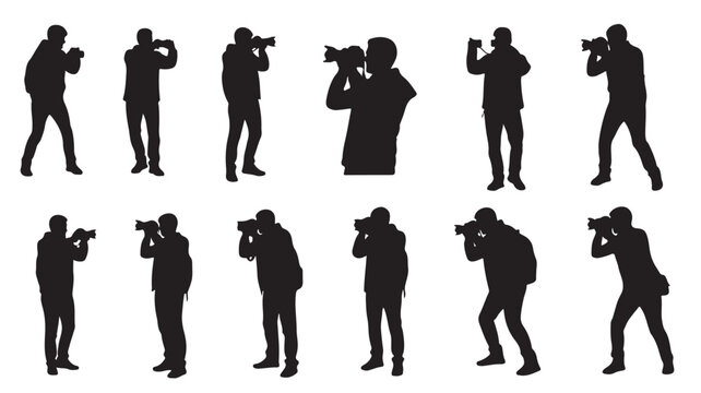 Professional photographer silhouettes set, 12 vector icons of cameramen taking photos, male photography hobbyist and journalist figures in various poses