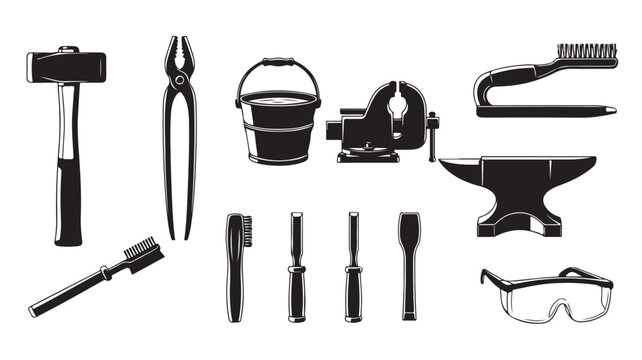 Vintage blacksmith tools collection, 11 industrial metalwork icons, black and white forge equipment vector, anvil and hammer workshop set