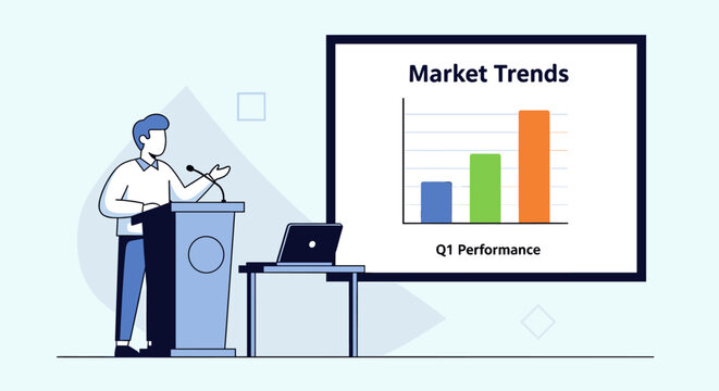 A man presents market trends and Q1 performance data using a bar chart on a large screen during a business meeting.