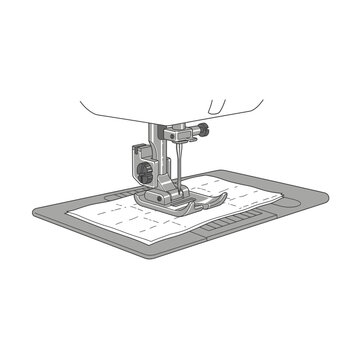 Industrial sewing machine presser foot close up detail with tailoring, stitching