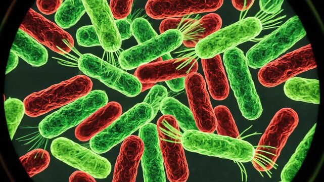 A microscope view of bacteria showing rod-shaped microbes in green and red
