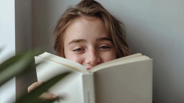 白人の女の子ティーンが本を掲げページ越しに視線を上げる穏やかな室内