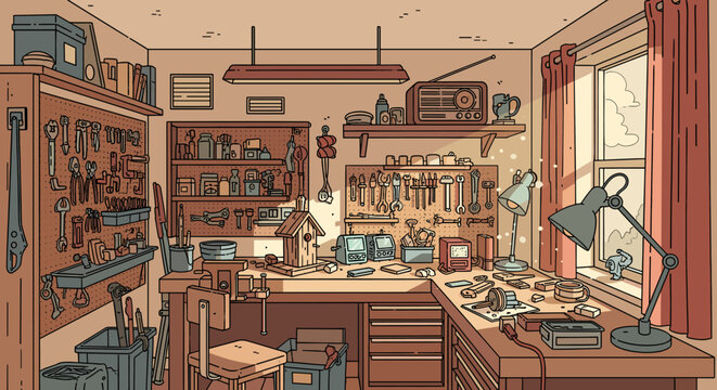 A well-organized workshop filled with tools, crafting supplies, and a workbench bathed in natural light from a window.