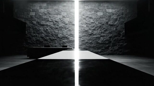 Dramatic empty meeting room interior with bright light illuminating the stone wall, creating a sense of mystery