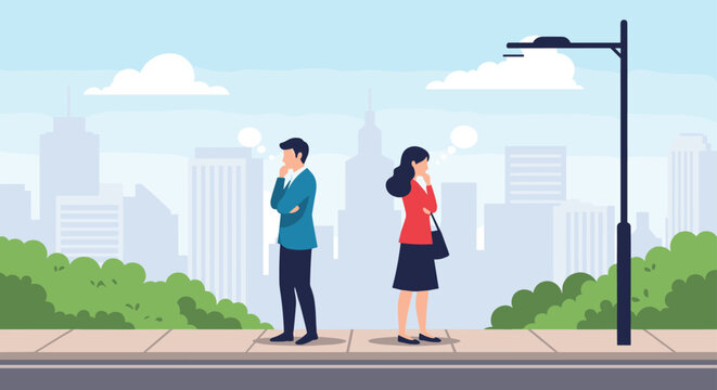 Man and woman standing back to back while deep in thought against a modern city background, representing decision making or conflict.