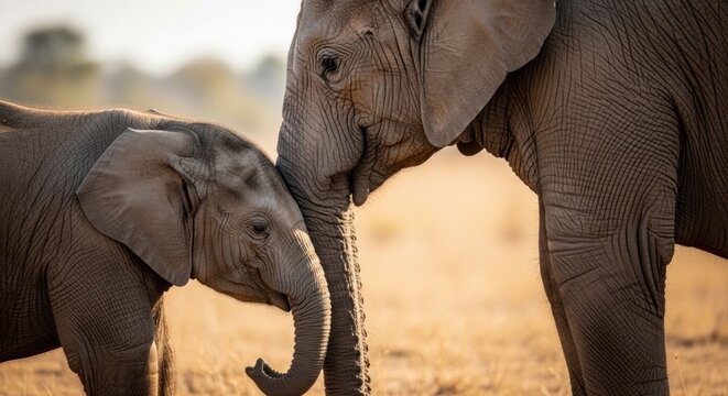 Gentle giants An elephant mother and calf bonding in the wild.