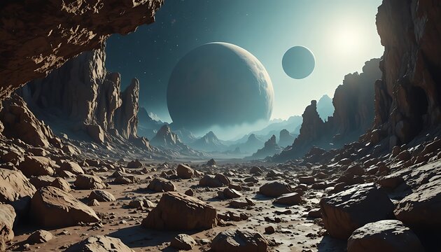 Alien planet landscape with two moons in a foggy, rocky terrain under dramatic sky. astroid belt