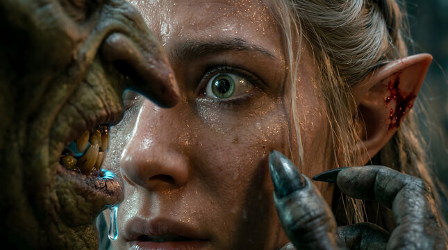Cinematic close-up of a terrified blonde elf woman with sweaty skin being confronted by a drooling monstrous goblin creature in horror.