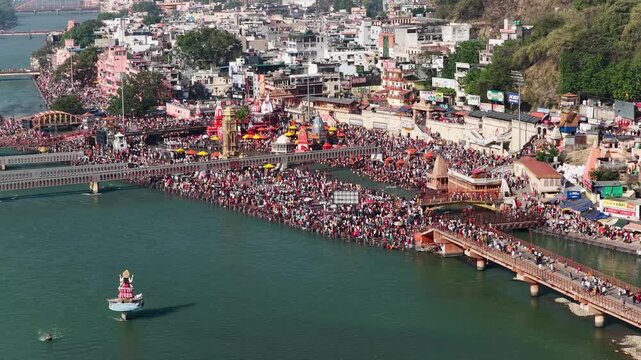 Drone view of har ki pauri haridwar with massive devotees crowd.