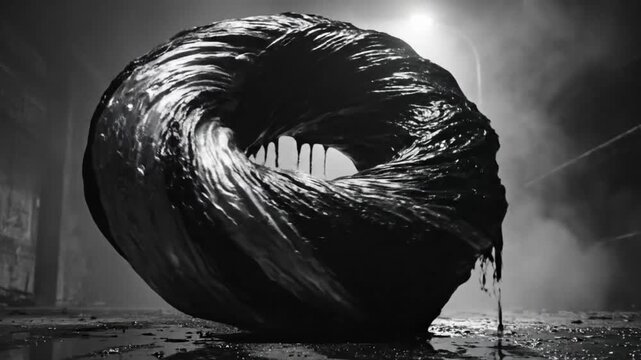 Surreal abstract shape transforming, dark liquid form morphing with teeth inside in mysterious, foggy environment