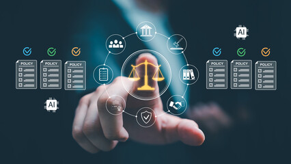 Obraz premium Businessman hand touch digital interface with justice scale icon, legal compliance, policy management, AI governance, risk, corporate law technology concept, data protection and regulation system