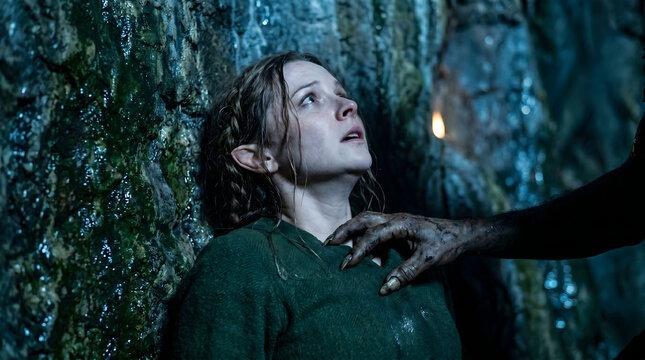 Cinematic fantasy scene of a terrified elf woman with pointed ears pinned against a damp mossy cave wall by a monster's clawed hand.