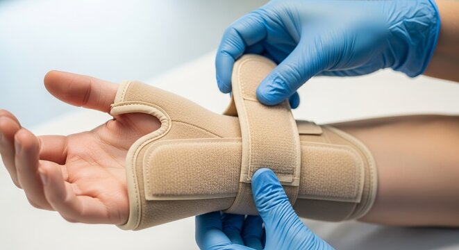 Wrist splint application being adjusted on patient&rsquo;s hand by medical professional with blue gloves. Wrist splint provides essential support for healing and recovery during rehabilitation,