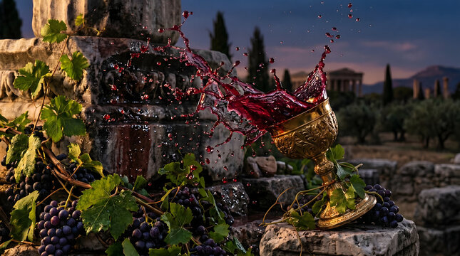 Ornate golden chalice splashing red wine on ancient stone ruins surrounded by fresh grapes and lush vine leaves during a cinematic sunset