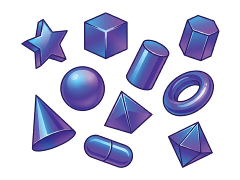 Blue metallic 3d geometric shapes icons set including star cube cylinder cone torus pyramid sphere