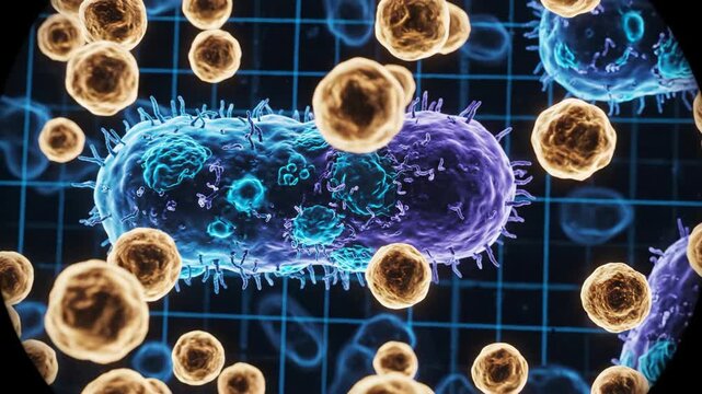 Microscopic view of a microorganism with intricate structures and other cells