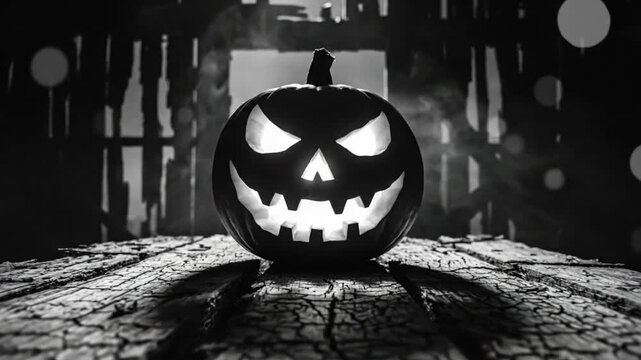 Spooky carved Jack O Lantern pumpkin glowing on rustic wooden boards with smoke and haunting background
