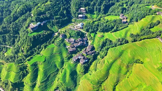 Aerial view of the famous Longji rice terraces and traditional village in Guilin, China