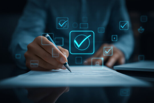 Professional consultant reviewing operational system settings ,approval checkmark, symbolizing audit process, productivity enhancement, data validation, documentation, and digital transformation