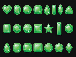 Collection of green gemstones in various shapes and sizes on dark background  emeralds and jade precious stones © Md