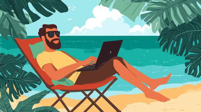 A person with a beard and sunglasses works on a laptop while relaxing on a beach chair, surrounded by tropical foliage