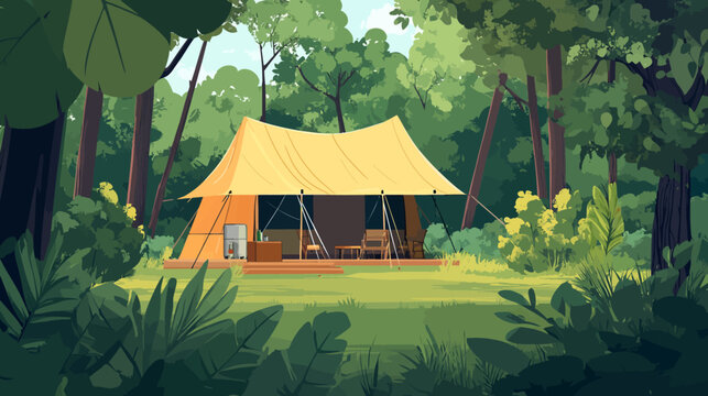 A vibrant illustration of a glamping tent nestled amidst lush green foliage within a forest setting