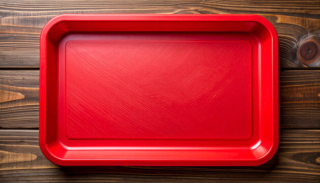 Red plastic tray on wooden table, top view, concept of kitchenware or serving tray, clean product mock-up.