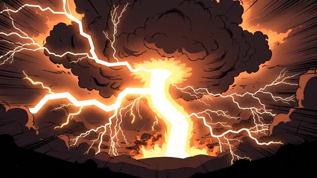 Comic style explosion with intense lightning bolts striking through thick smoke clouds representing power and destruction
