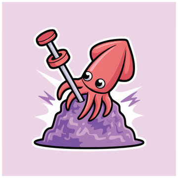 Cute cartoon squid impaled on a purple mound with a pushpin.