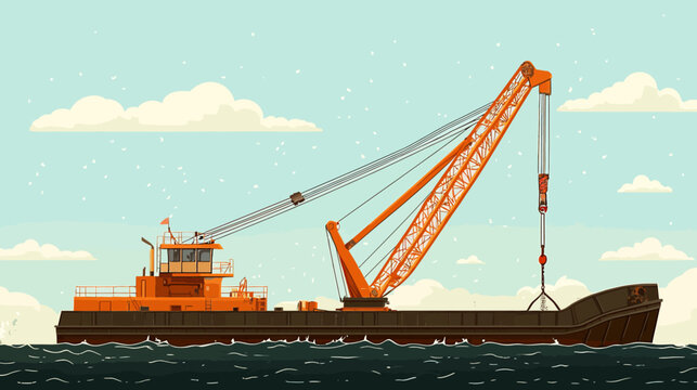 Pixelated illustration of an orange crane barge in a blue sea with fluffy clouds and falling elements