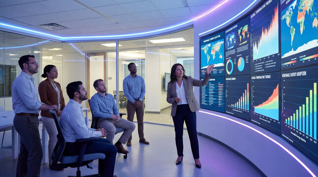 Business leader presenting renewable energy climate dashboards to colleagues in high tech control room showing data strategy analytics corporate sustainability planning for executive communications