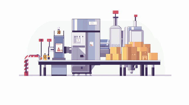 Flat illustration of an industrial assembly line with various machines, warnings, and cardboard boxes