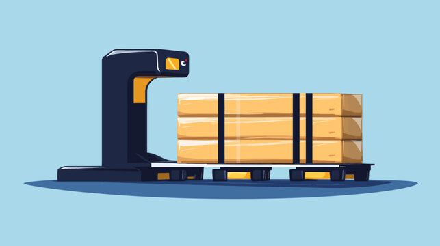 A robotic arm scanning a stack of packages secured with black straps on a pallet