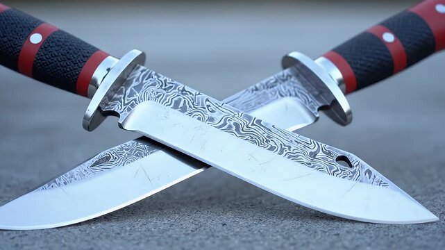 Close-up of two Damascus steel knives crossed with intricate patterns and red and black handles