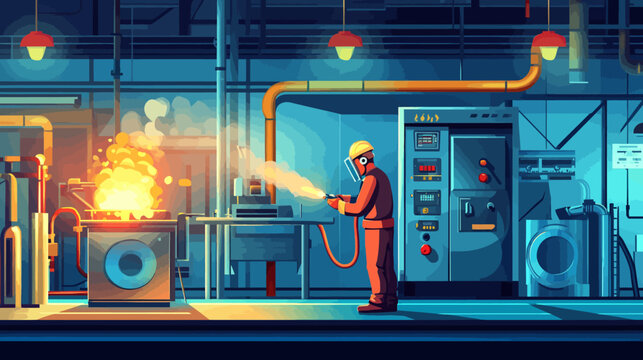 A welder in a factory works on a metal element with bright flame, in an industrial setting