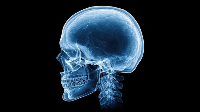 X-ray of a human skull in profile against a black background.