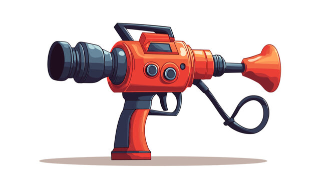 A stylized pixel-art blaster with a red body, a black handle, and a unique sound component