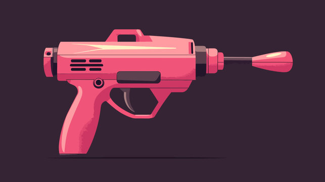 Pixelated illustration of a pink ray gun on a dark background. Retro, sci-fi design