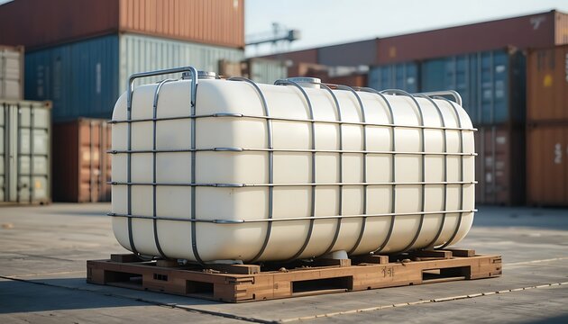 Large industrial iBC tote container secured on wooden pallet in shipping warehouse with shipping containers background. ibc container